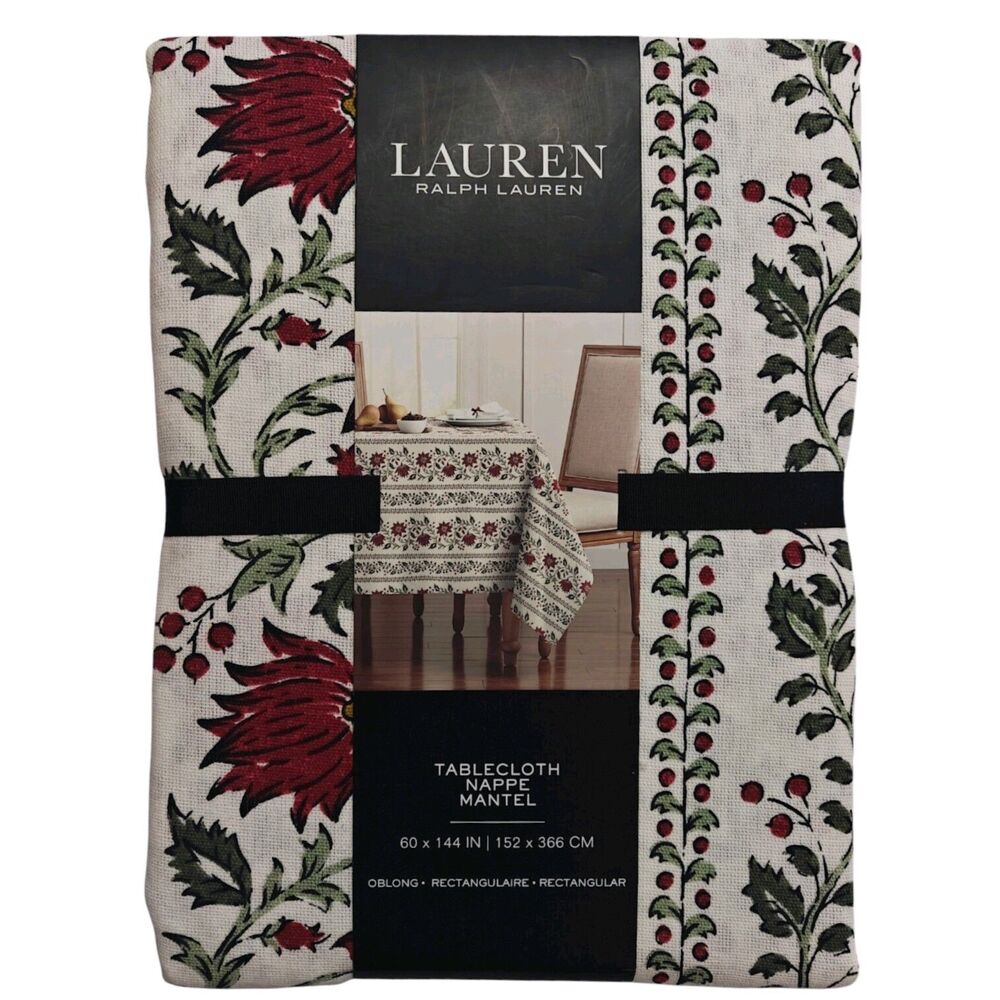 NEW Ralph Lauren Floral Tablecloth 60 X 144 Oblong Red Cotton Christmas Holly